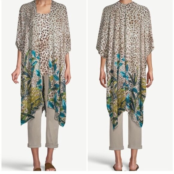 Chicos ANIMAL Print PALMS COVERING RUANA MULTI Color Kimono Cardigan One Size - Picture 1 of 8
